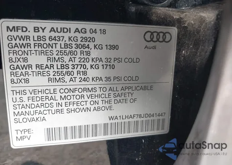 2018 Audi Q7 2.0T Premium из США, поврежденный, VIN WA1LHAF78JD041447